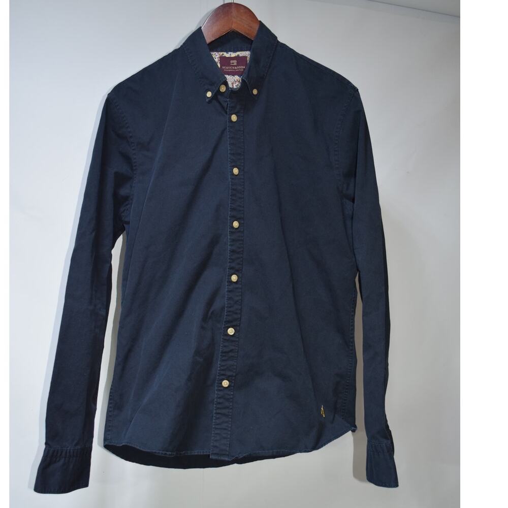 Scotch & Soda Men’s Medium Navy Blue 100% Cotton Button Down Shirt Floral Trim